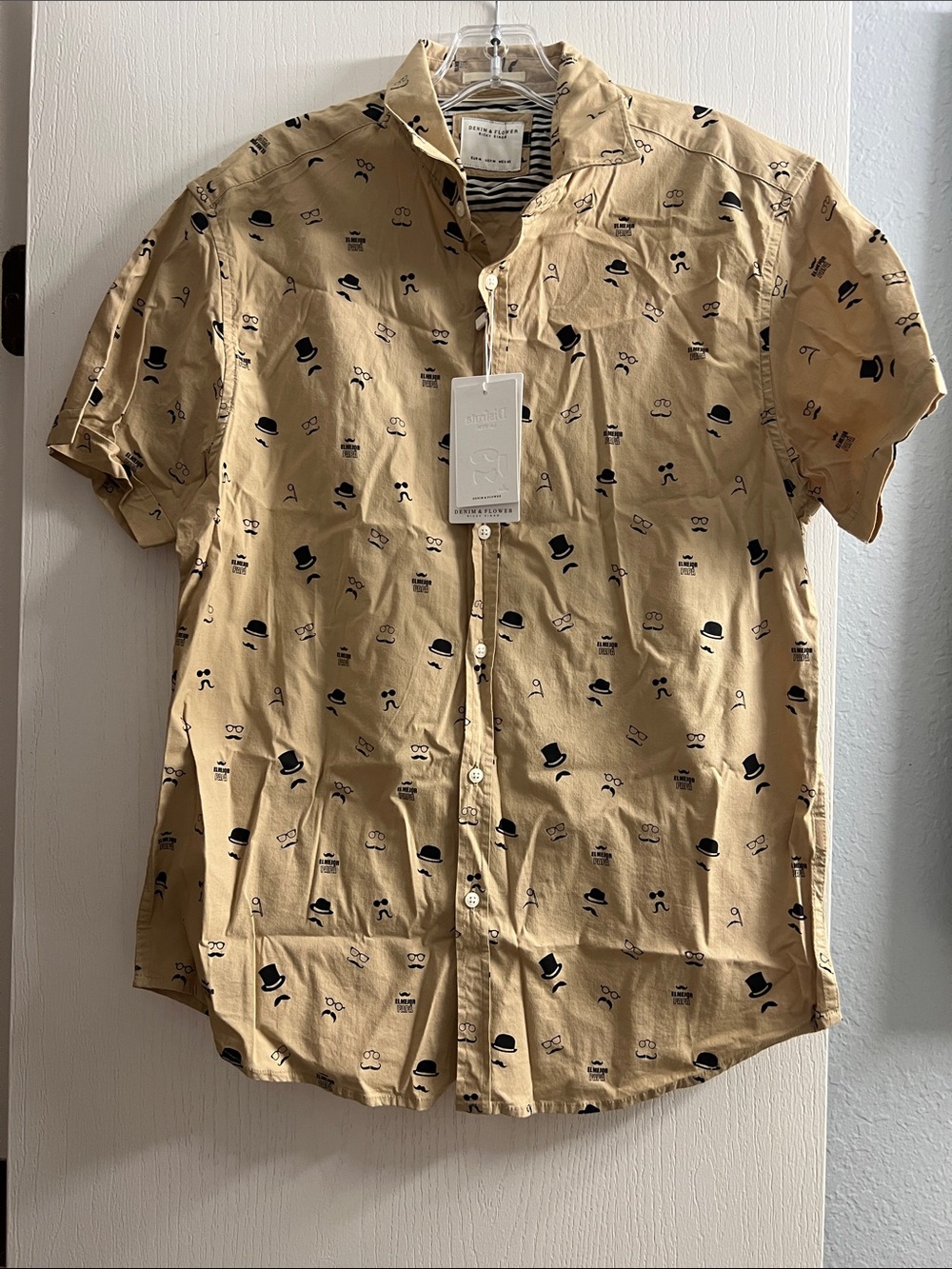 Denim & Flower Men's Short Sleeve Button-Down Shirt in Tan with Black Print